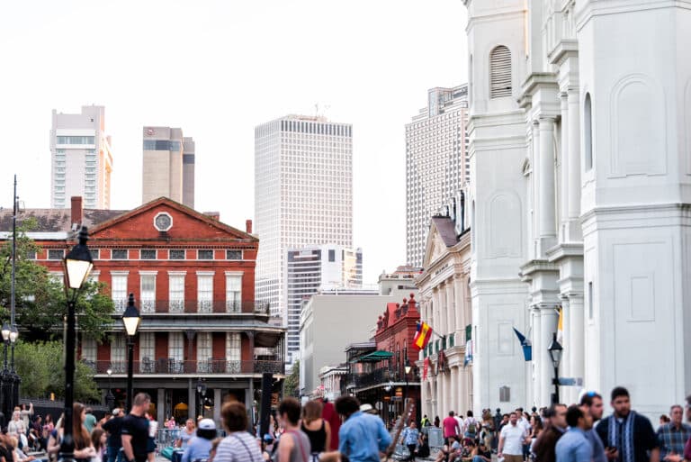 Downtown skyline old town chartres street in Louisiana famous town, city, many people crowd on Jackson square, cityscape