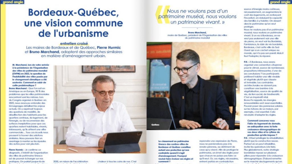 Entretien croisé entre Pierre Hurmic, maire de Bordeaux, et Bruno Marchand, maire de Québec, sur l'urbanisme et le patrimoine vivant.