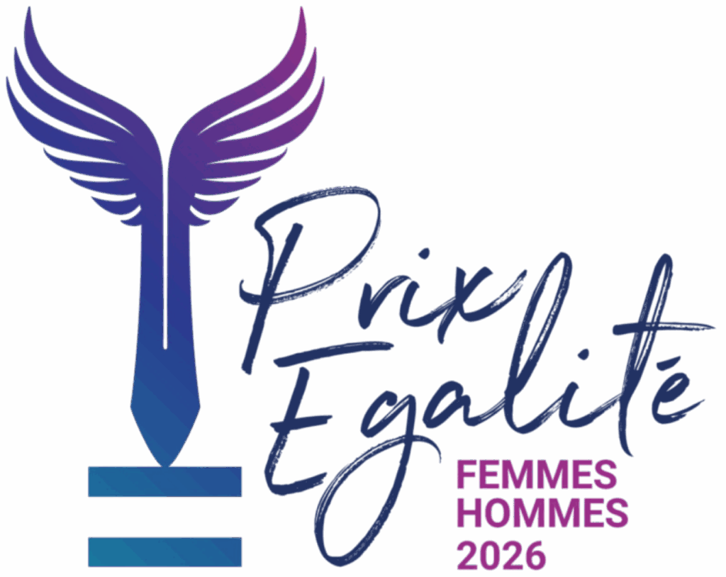 Logo officiel du Prix Égalité Femmes-Hommes 2026. Il présente un symbole stylisé d'ailes violettes au-dessus d'un signe égal bleu, accompagné du texte "Prix Egalité FEMMES HOMMES 2026".