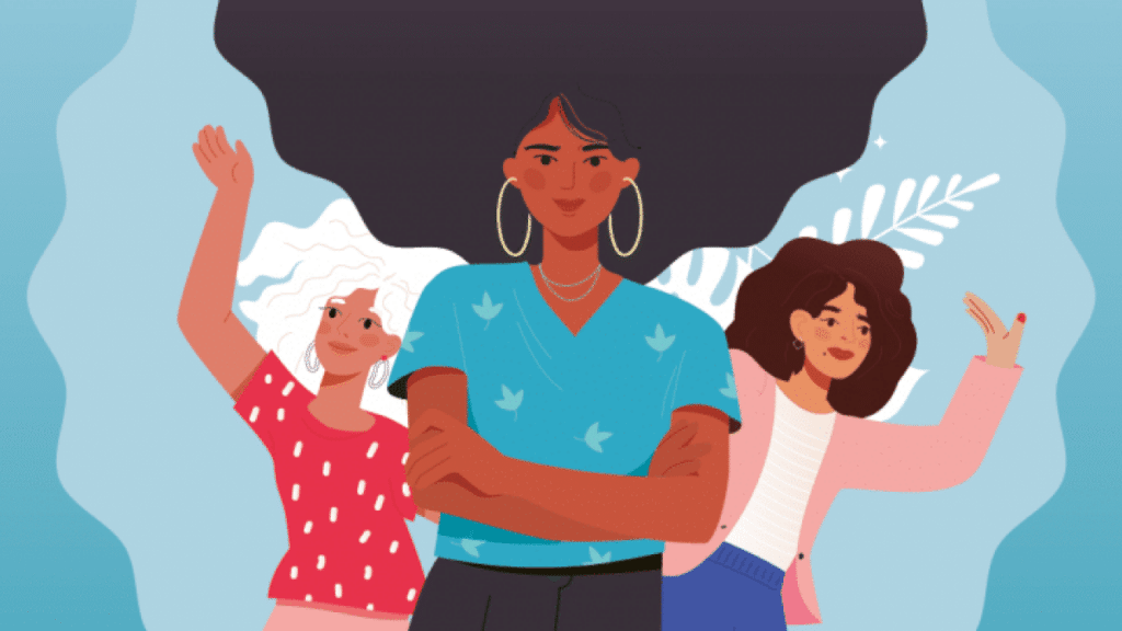 Illustration vectorielle moderne représentant trois femmes leaders unies pour célébrer la Journée des droits des femmes.