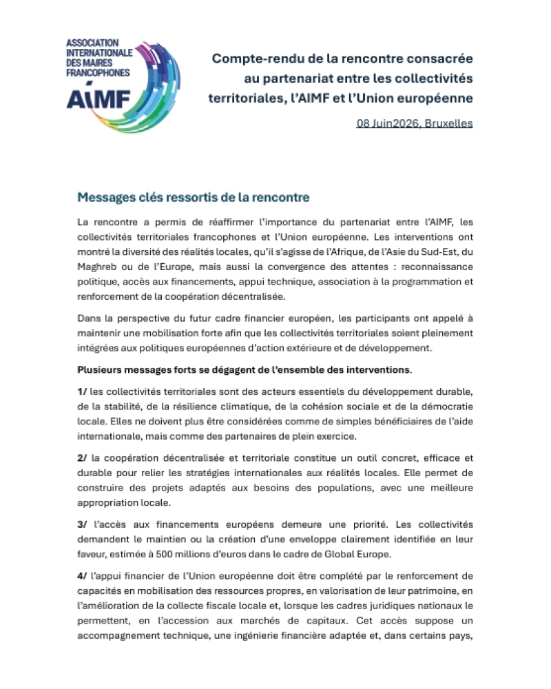 Compte-rendu AIMF Union européenne Bruxelles 2026 sur le partenariat avec les collectivités territoriales